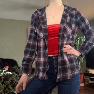 Checked button down hooded shirt